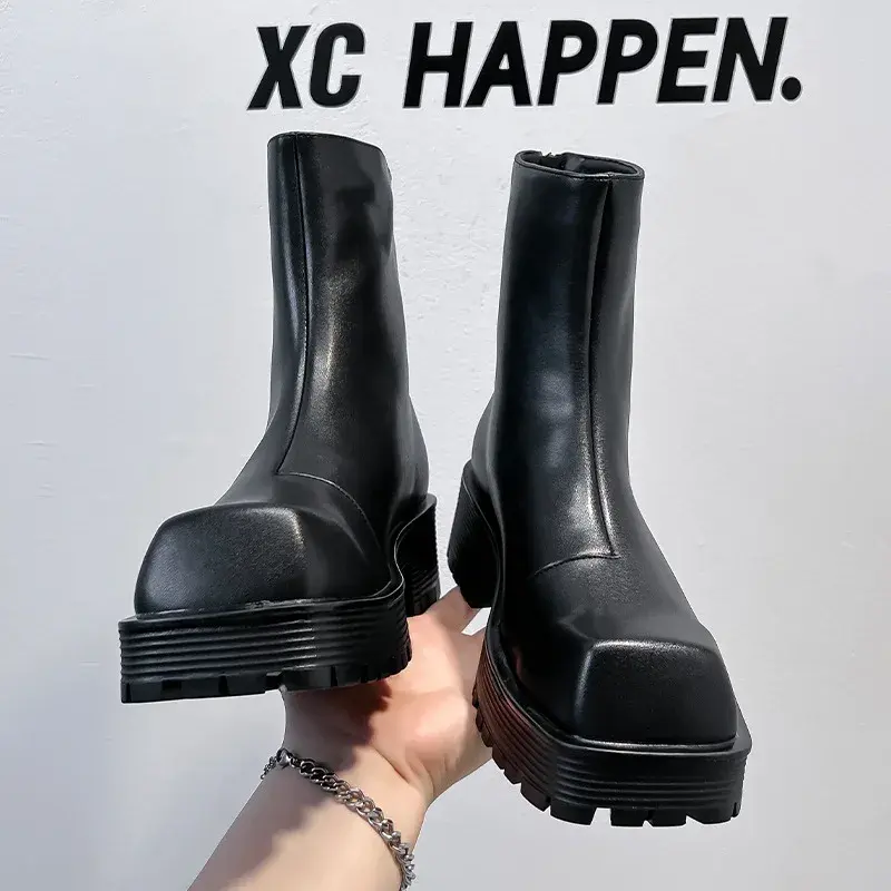2025 Square Toe Black Vintage British Men Boots Height Increasing Shoes Dress Leather Shoes Luxury Chelsea Boots Men Tooling
