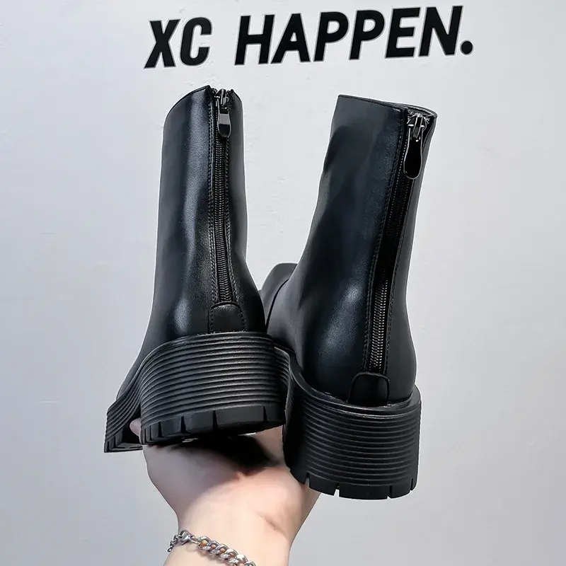 2025 Square Toe Black Vintage British Men Boots Height Increasing Shoes Dress Leather Shoes Luxury Chelsea Boots Men Tooling