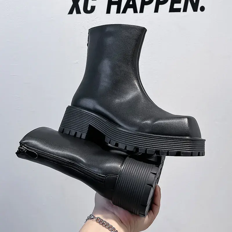 2025 Square Toe Black Vintage British Men Boots Height Increasing Shoes Dress Leather Shoes Luxury Chelsea Boots Men Tooling