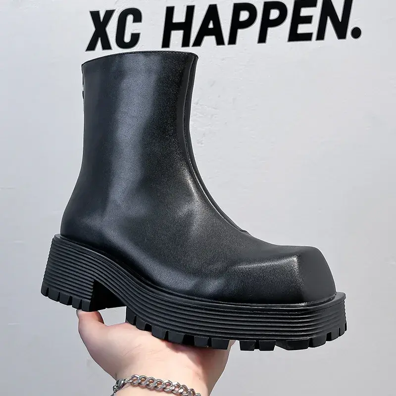 2025 Square Toe Black Vintage British Men Boots Height Increasing Shoes Dress Leather Shoes Luxury Chelsea Boots Men Tooling
