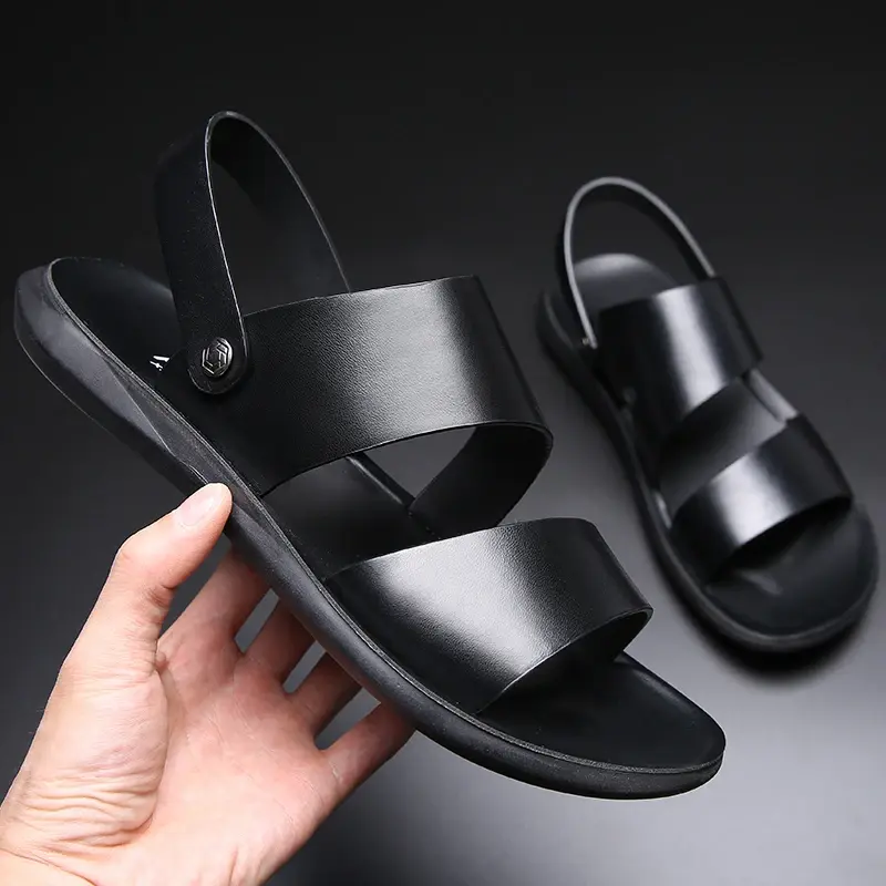 New Fashion Vintage British Men Shoes Cow Leather Soft Breathable Casual Flats Summer Beach Sandals Slippers Flip Flop Black