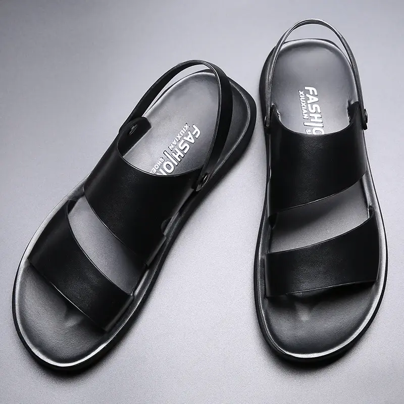 New Fashion Vintage British Men Shoes Cow Leather Soft Breathable Casual Flats Summer Beach Sandals Slippers Flip Flop Black