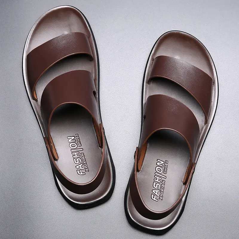 New Fashion Vintage British Men Shoes Cow Leather Soft Breathable Casual Flats Summer Beach Sandals Slippers Flip Flop Black