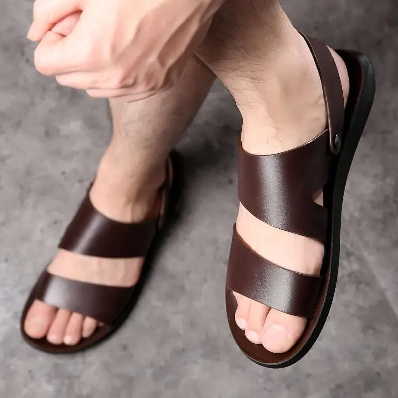 New Fashion Vintage British Men Shoes Cow Leather Soft Breathable Casual Flats Summer Beach Sandals Slippers Flip Flop Black