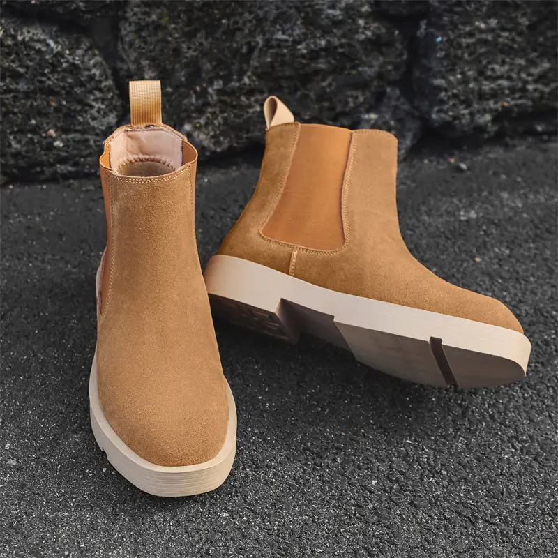 Handmade Luxury Cow Suede Men Leather Shoes Vintage British Tooling Ankle Boots Autumn Winter Chelsea Boots Height Increasing