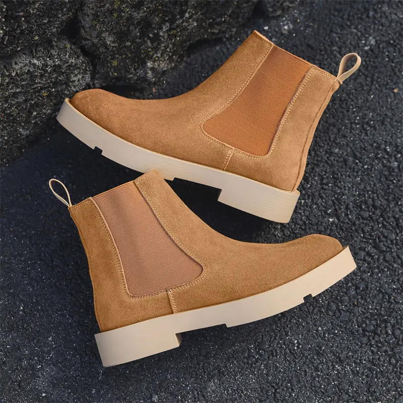 Handmade Luxury Cow Suede Men Leather Shoes Vintage British Tooling Ankle Boots Autumn Winter Chelsea Boots Height Increasing