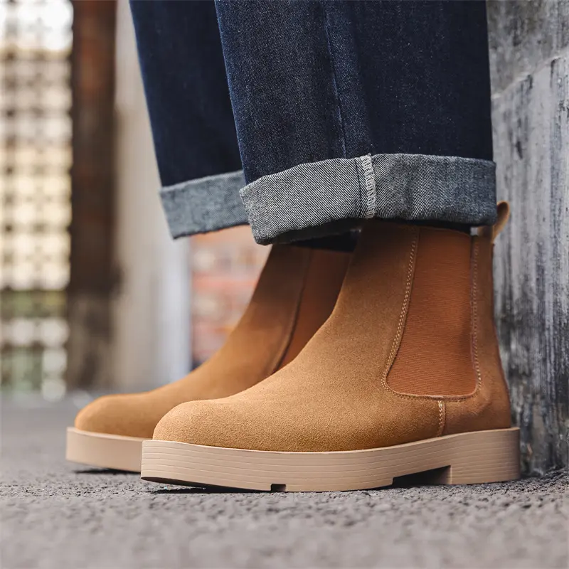 Handmade Luxury Cow Suede Men Leather Shoes Vintage British Tooling Ankle Boots Autumn Winter Chelsea Boots Height Increasing