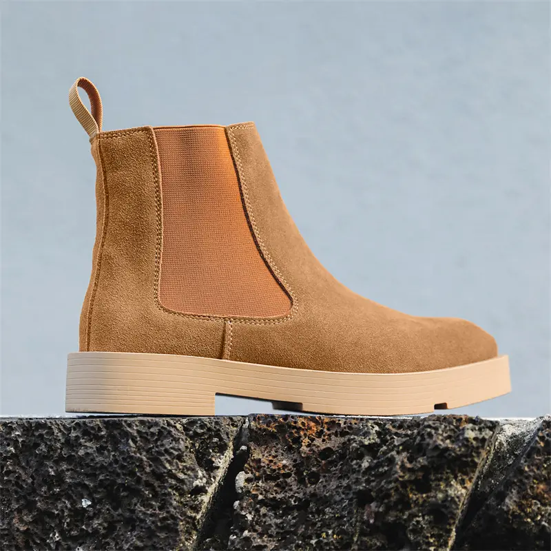 Handmade Luxury Cow Suede Men Leather Shoes Vintage British Tooling Ankle Boots Autumn Winter Chelsea Boots Height Increasing