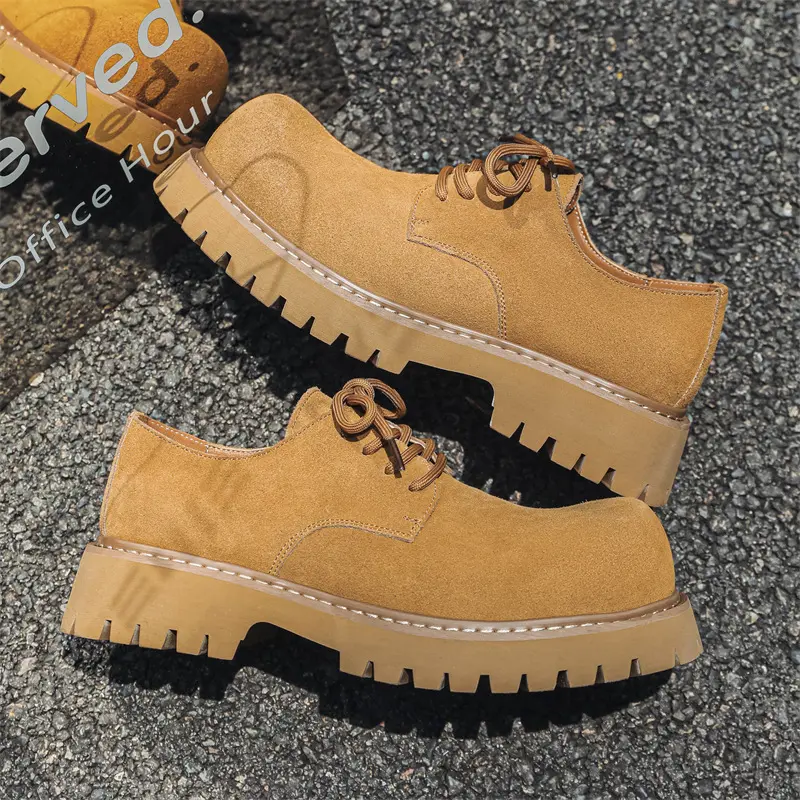 New Luxury Men Cow Suede Leather Shoes Vintage British Dress Loafers Breathable Height Increasing Sneakers Men Designer Shoes