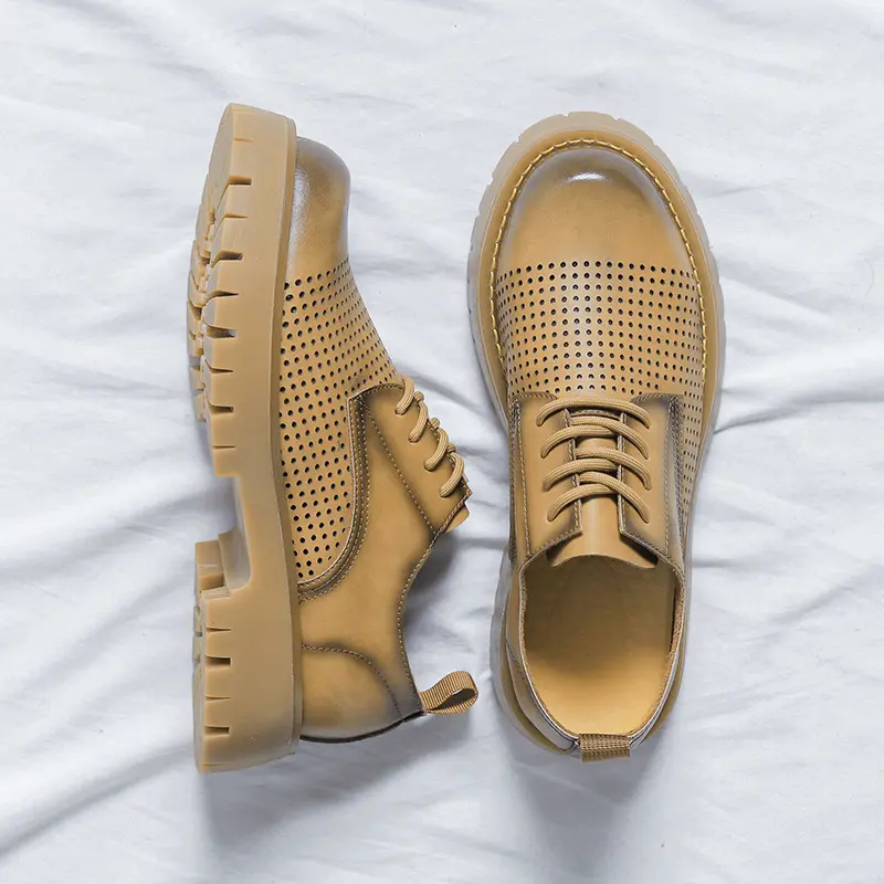 New Spring Summer Breathable Men Shoes Real Leather Designer Shoes Men Height Increasing Loafers Luxury Lace-up Dress Shoes