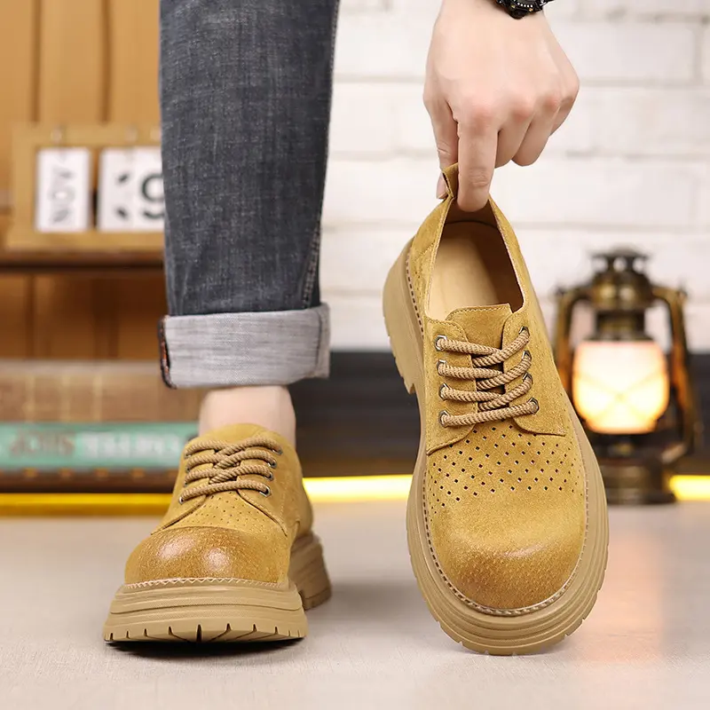 New Summer Vintage British Men Casual Leather Shoes Business Dress Loafers Breathable Height Increasing Outdoor Tooling Shoes