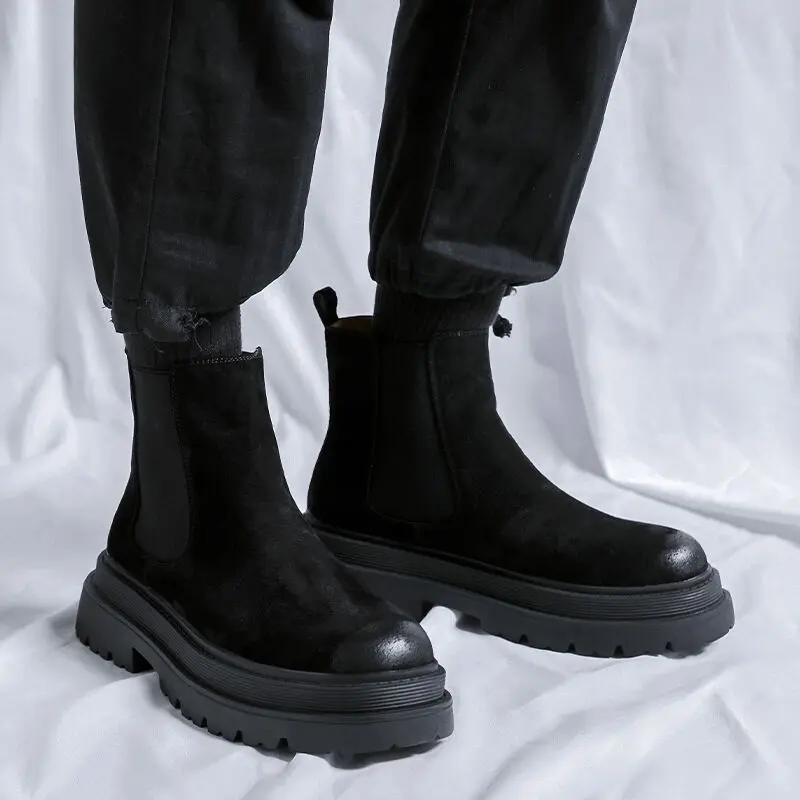 New Vintage British Men Cow Suede Leather Shoes Autumn Winter Height Increasing Shoes Ankle Tooling Boots Chelsea Boots