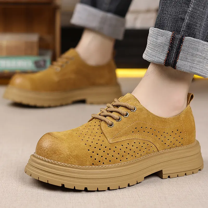 New Summer Vintage British Men Casual Leather Shoes Business Dress Loafers Breathable Height Increasing Outdoor Tooling Shoes