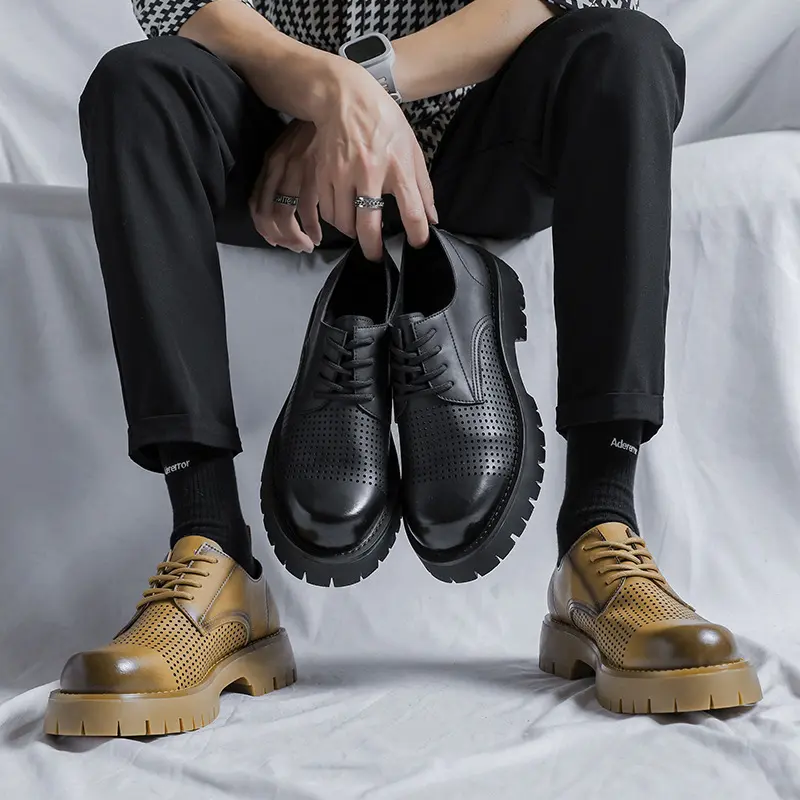New Spring Summer Breathable Men Shoes Real Leather Designer Shoes Men Height Increasing Loafers Luxury Lace-up Dress Shoes