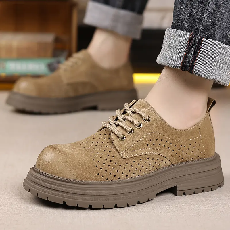 New Summer Vintage British Men Casual Leather Shoes Business Dress Loafers Breathable Height Increasing Outdoor Tooling Shoes