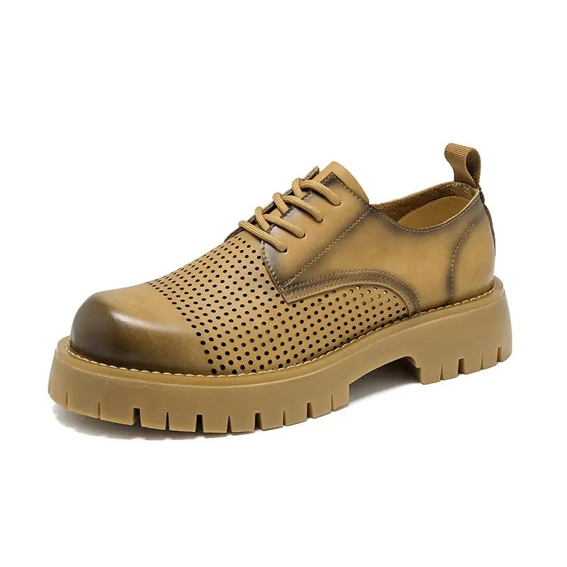 New Spring Summer Breathable Men Shoes Real Leather Designer Shoes Men Height Increasing Loafers Luxury Lace-up Dress Shoes