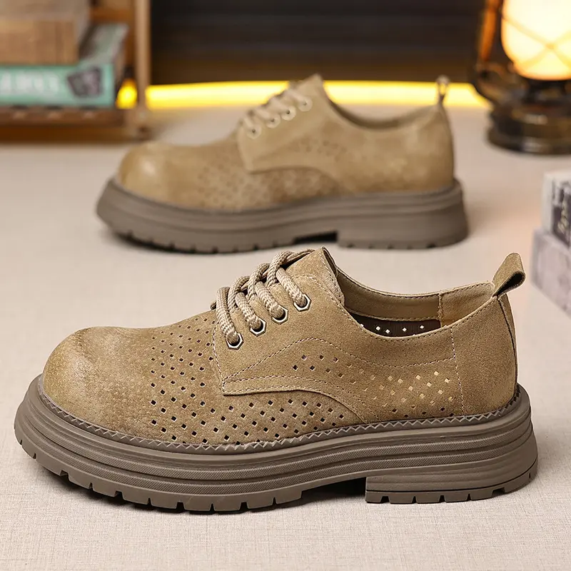 New Summer Vintage British Men Casual Leather Shoes Business Dress Loafers Breathable Height Increasing Outdoor Tooling Shoes