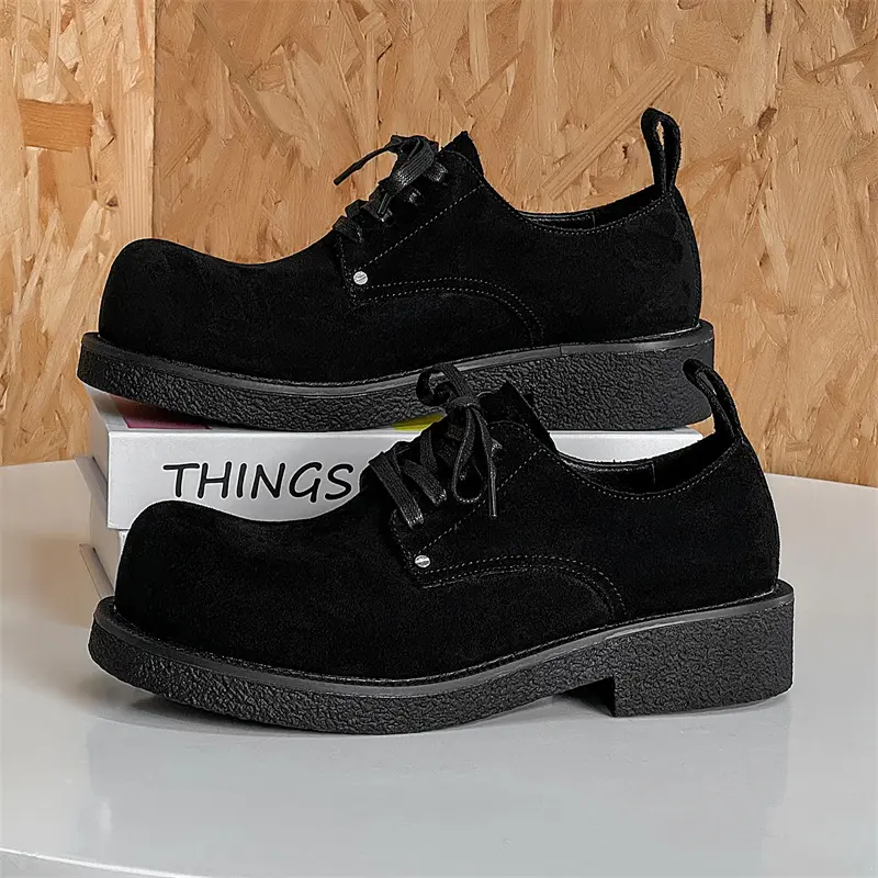 Black Vintage British Men Cow Suede Leather Shoes Business Dress Breathable Height Increasing Men Loafers Shoes Luxury Designer