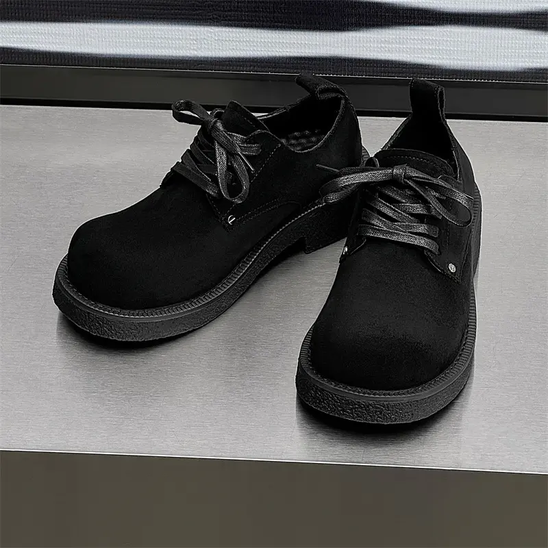 Black Vintage British Men Cow Suede Leather Shoes Business Dress Breathable Height Increasing Men Loafers Shoes Luxury Designer