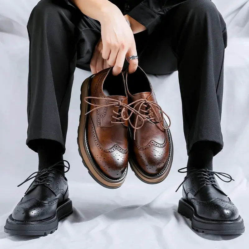 2025 Vintage British Men Casual Leather Shoes Spring Autumn Breathable Height Increasing Loafers Designer Shoes Men Brogue