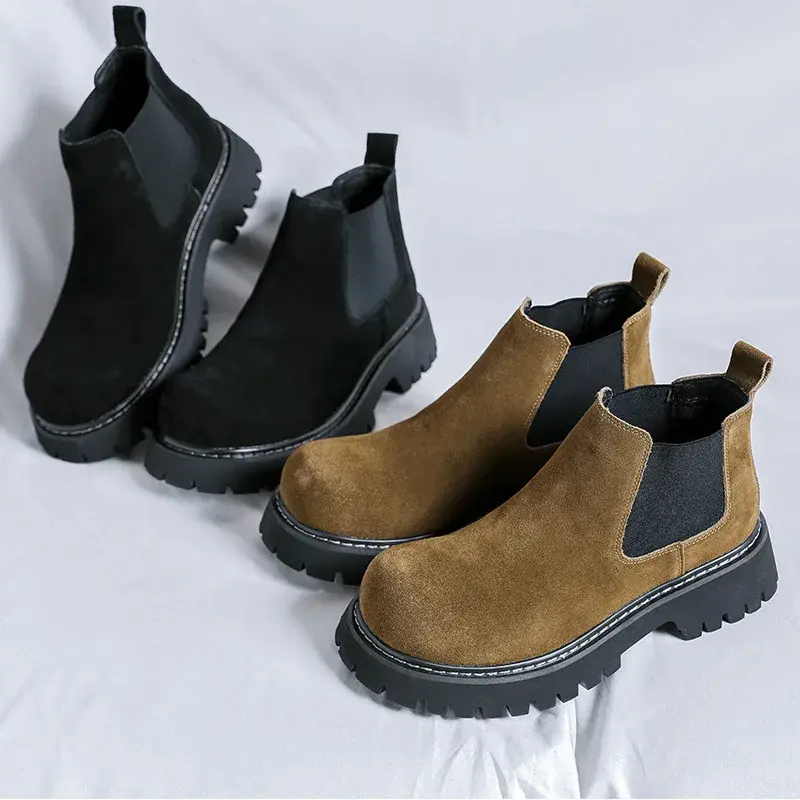 2025 Handmade Autumn Winter Men Dress Ankle Boots Cow Suede Leather Shoes Tooling Shoes Business Height Increasing Chelsea Boots