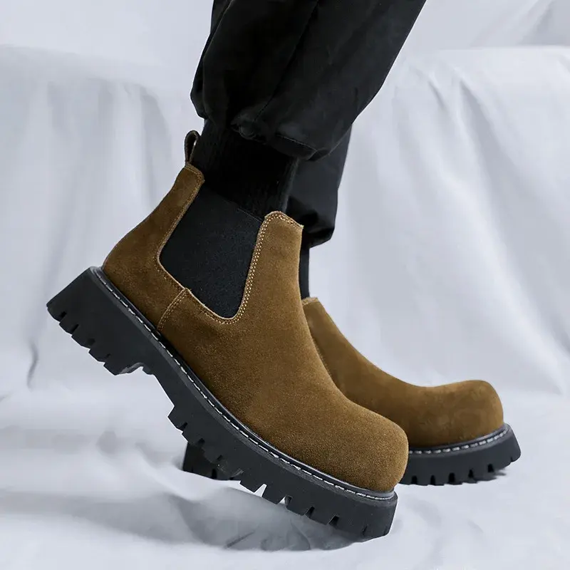 2025 Handmade Autumn Winter Men Dress Ankle Boots Cow Suede Leather Shoes Tooling Shoes Business Height Increasing Chelsea Boots