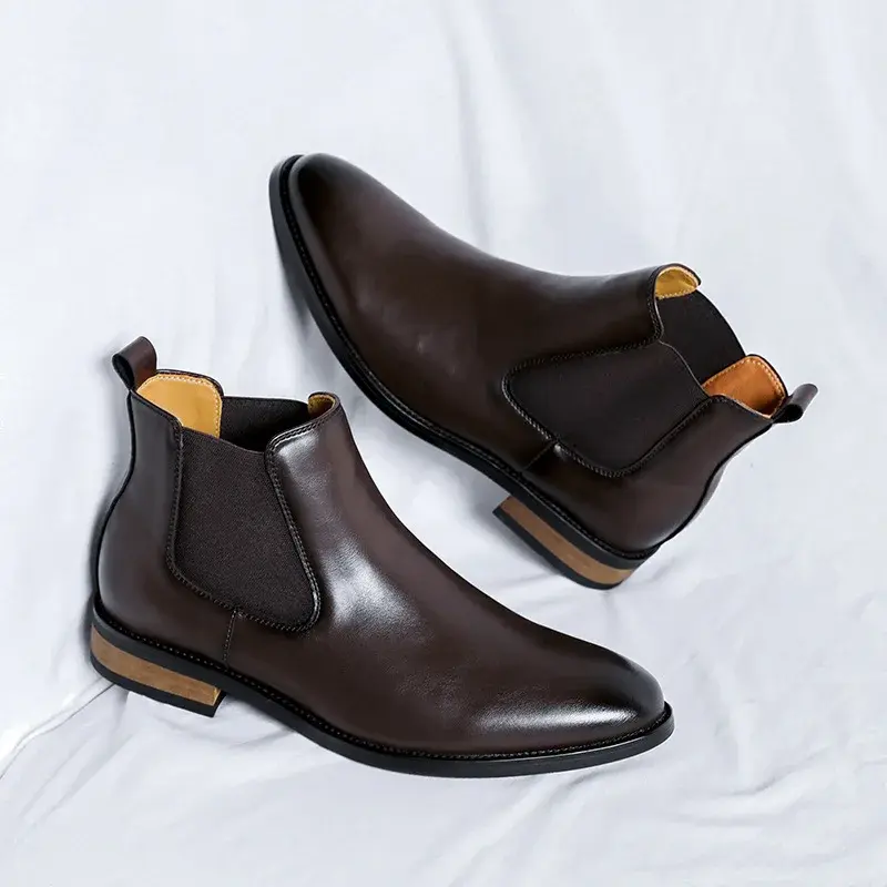 Luxury Black British Men Dress Chelsea Boots Autumn Winter Business Work Ankle Boots Slip-On Pointed Toe Casual Leather Shoes
