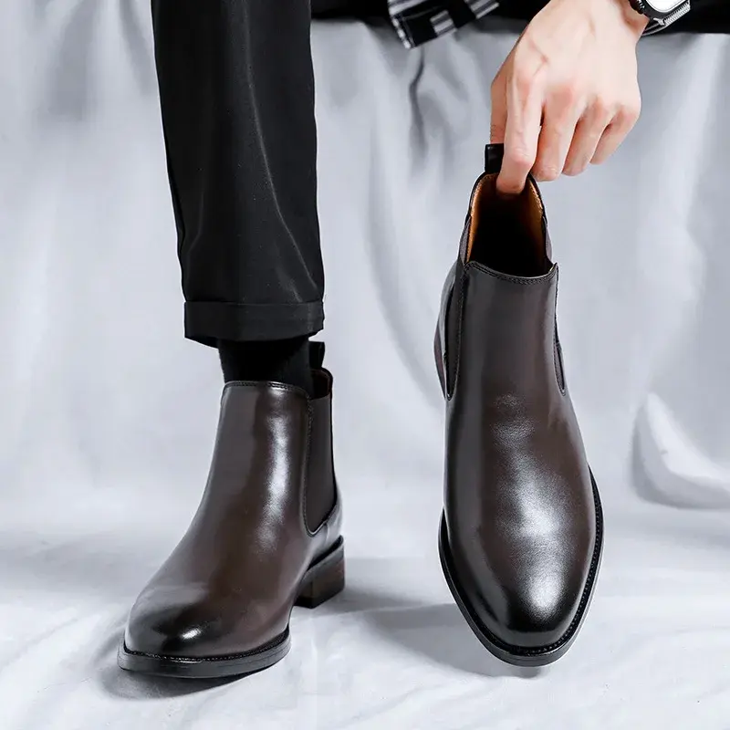 Luxury Black British Men Dress Chelsea Boots Autumn Winter Business Work Ankle Boots Slip-On Pointed Toe Casual Leather Shoes