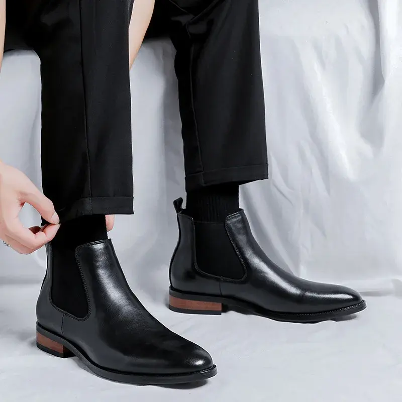 Luxury Black British Men Dress Chelsea Boots Autumn Winter Business Work Ankle Boots Slip-On Pointed Toe Casual Leather Shoes