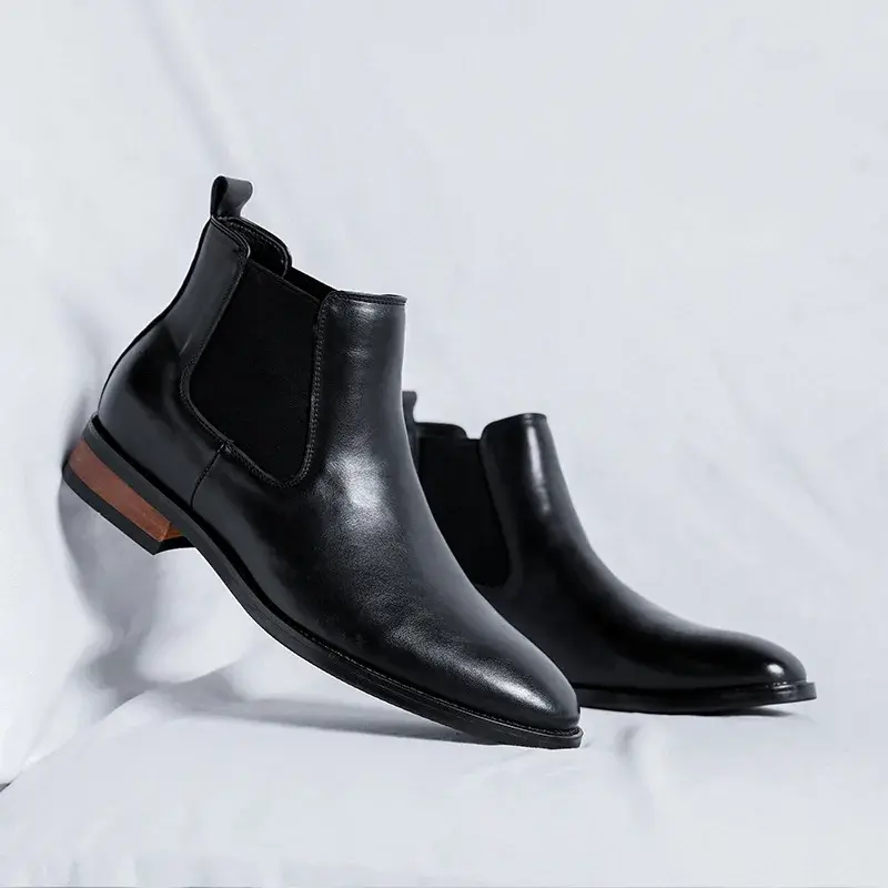 Luxury Black British Men Dress Chelsea Boots Autumn Winter Business Work Ankle Boots Slip-On Pointed Toe Casual Leather Shoes