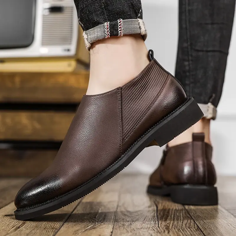 Spring Autumn Vintage British Men Causal Shoes Real Cow Leather Ankle Boots Tooling Work Zipper Chelsea Boots Mens Boots Wedge