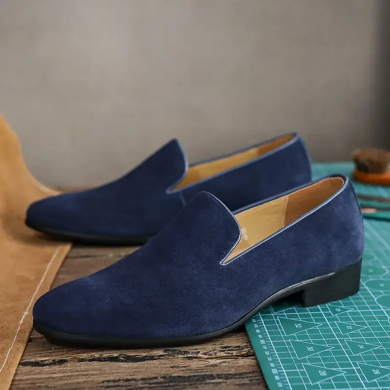 Cow Suede Spring Summer Casual Men Leather Shoes Pointed Toe Formal Dress Leather Shoes Business Wedge Loafers Wedding Oxfords