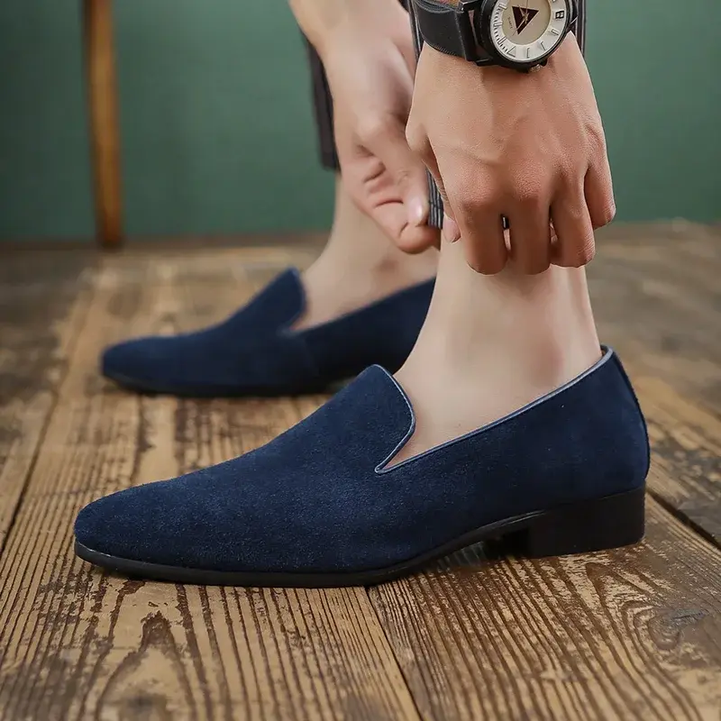 Cow Suede Spring Summer Casual Men Leather Shoes Pointed Toe Formal Dress Leather Shoes Business Wedge Loafers Wedding Oxfords