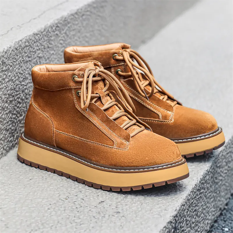 Spring Autumn Handmade Cow Suede Leather Shoes Men Outdoor Tooling Ankle Boots Height Increase Dress Platform Boots Motorcycle