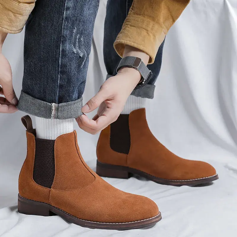 New Luxury Autumn Winter Vintage British Men Chelsea Boots Dress Cow Suede Leather Shoes Business Wedding Ankle Boots Slip-On