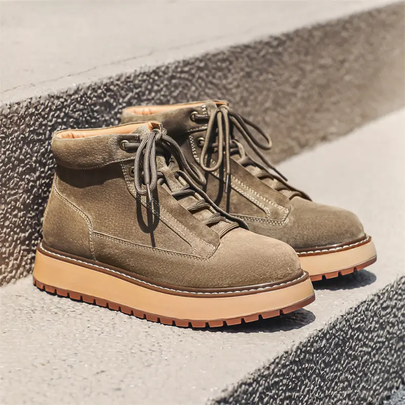 Spring Autumn Handmade Cow Suede Leather Shoes Men Outdoor Tooling Ankle Boots Height Increase Dress Platform Boots Motorcycle