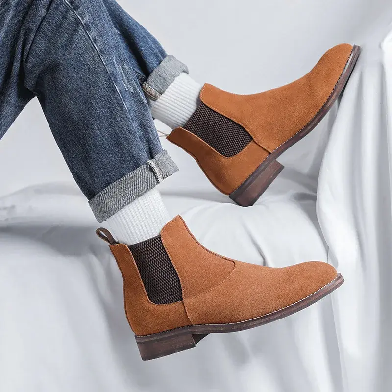 New Luxury Autumn Winter Vintage British Men Chelsea Boots Dress Cow Suede Leather Shoes Business Wedding Ankle Boots Slip-On
