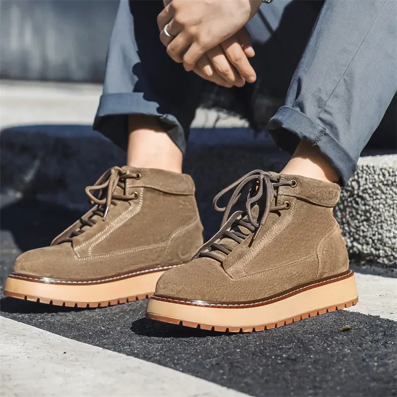 Spring Autumn Handmade Cow Suede Leather Shoes Men Outdoor Tooling Ankle Boots Height Increase Dress Platform Boots Motorcycle