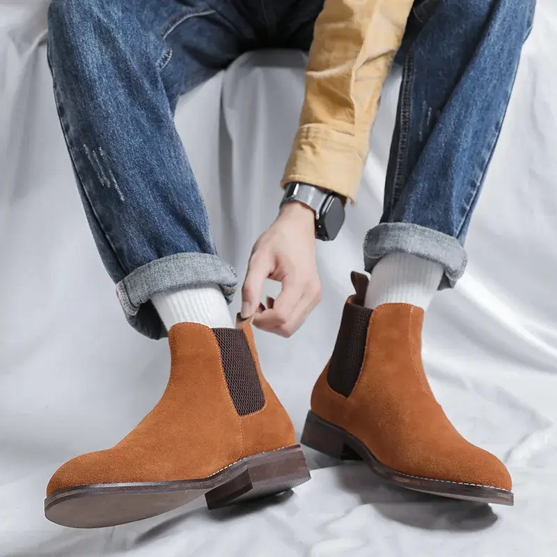 New Luxury Autumn Winter Vintage British Men Chelsea Boots Dress Cow Suede Leather Shoes Business Wedding Ankle Boots Slip-On