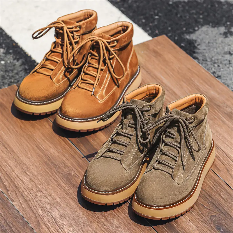 Spring Autumn Handmade Cow Suede Leather Shoes Men Outdoor Tooling Ankle Boots Height Increase Dress Platform Boots Motorcycle