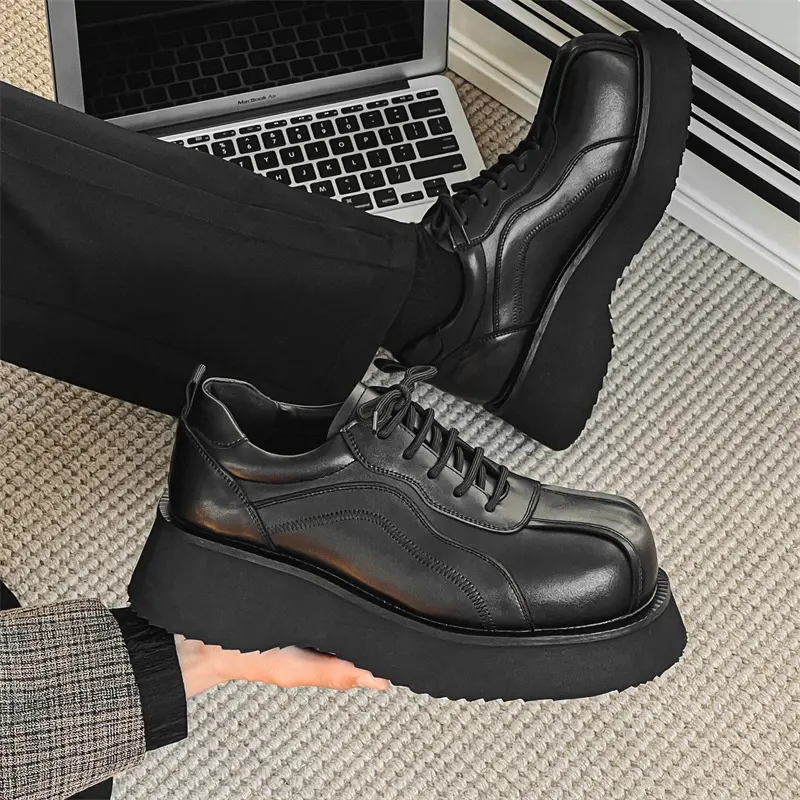 2024 New Black Luxury Designer Shoes Men Casual Leather Shoes Height Increasing Vintage British Men Loafers Shoes Lace-up