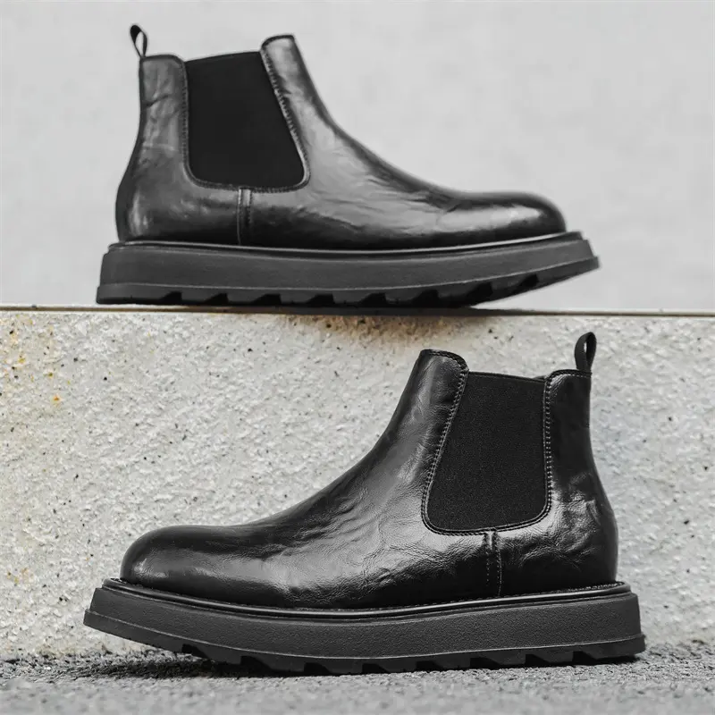 New Black Vintage British Men Casual Leather Shoes Dress Loafers Tooling Business Outdoor Work Shoes Ankle Boots Chelsea Boots