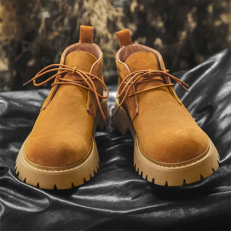 New Cow Suede Men Vintage Leather Shoes Autumn Winter British Tooling Ankle Boots Height Increasing Shoes Outdoor Chelsea Boots