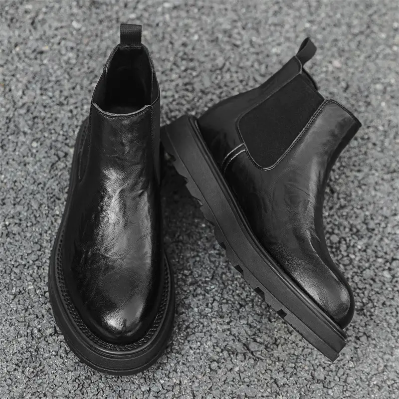 New Black Vintage British Men Casual Leather Shoes Dress Loafers Tooling Business Outdoor Work Shoes Ankle Boots Chelsea Boots