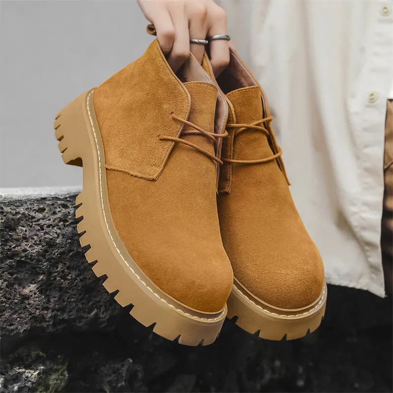 New Cow Suede Men Vintage Leather Shoes Autumn Winter British Tooling Ankle Boots Height Increasing Shoes Outdoor Chelsea Boots