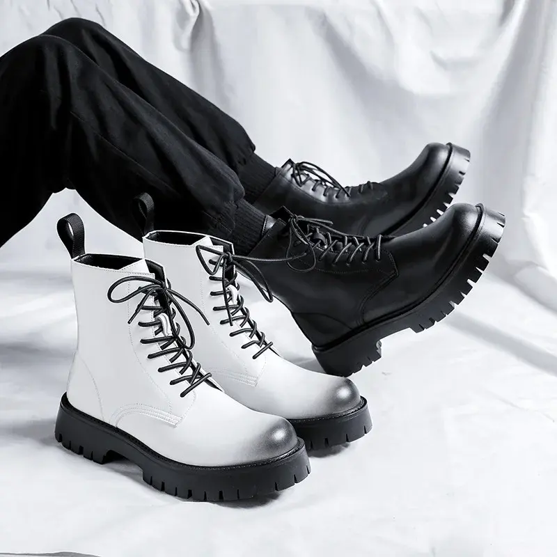 New 2025 Luxury Designer Spring Autumn Fashion Men Boots Dress Leather Shoes Tooling Ankle Boots Outdoor Platform Boots White
