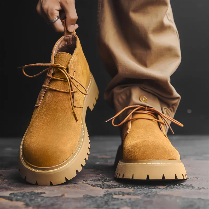 New Cow Suede Men Vintage Leather Shoes Autumn Winter British Tooling Ankle Boots Height Increasing Shoes Outdoor Chelsea Boots