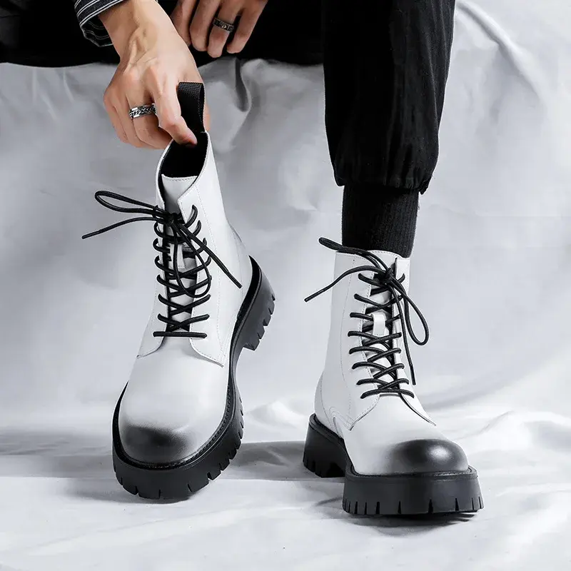 New 2025 Luxury Designer Spring Autumn Fashion Men Boots Dress Leather Shoes Tooling Ankle Boots Outdoor Platform Boots White