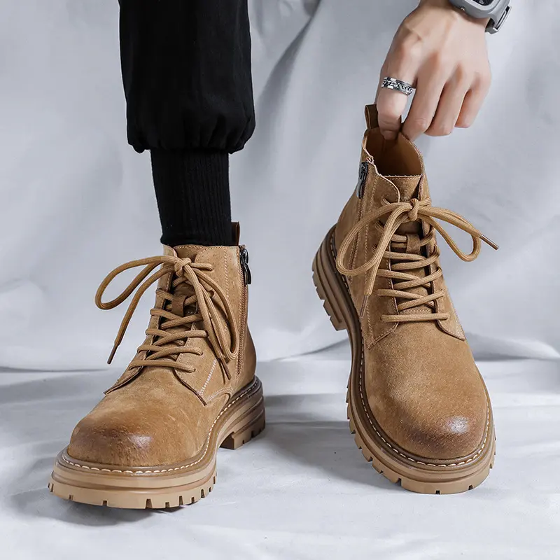 High Quality Men British Leather Shoes Vintage Outdoor Work Ankle Boots Autumn Winter Desert Boots Round Toe Platform Boots