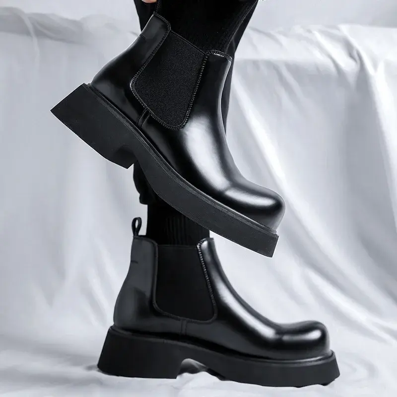 Luxury Black British Men Ankle Boots Dress Leather Shoes Round Toe Slip-On Platform Boots Wedding Chelsea Boots Vintage Business